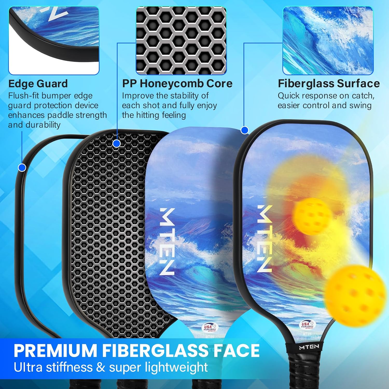 MTEN Pickleball Paddles Set of 4,USAPA Approved Fiberglass Rackets Set | Lightweight Pickleball Set with Outdoor Balls, Bag, Grip Tapes for Men/Women Beginners & Intermediate Users - Image 3