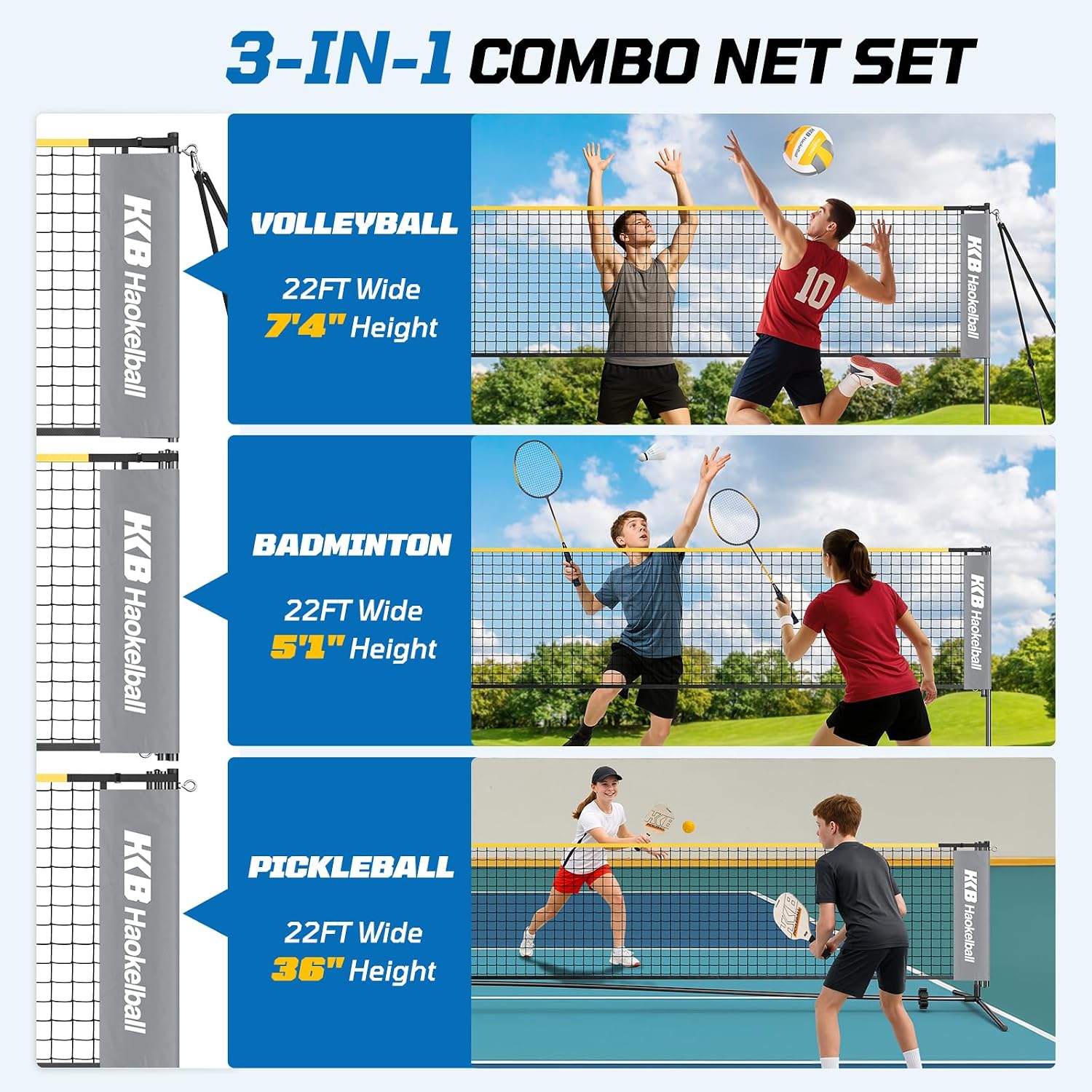 Haokelball Badminton Volleyball Pickleball Net Set, 22FT Portable All-in-One Nets System for Outdoor Beach Indoor with Adjustable Height, Includes Balls Rackets Pump Carry Bag | Backyard, Beach, Lawn, Outdoor, Indoor, Portable, Net Set, Family Games, Includes Balls Shuttlecocks Rackets Pump Carry Bag - Image 2