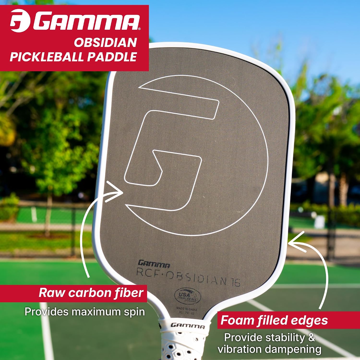 GAMMA RCF Obsidian Pickleball Paddle, Raw Carbon Fiber, 10mm, 13mm, and 16mm Options, Comfortable Molded Foam Handle, Sleak Design, Customizable Handle Weight System - Image 3