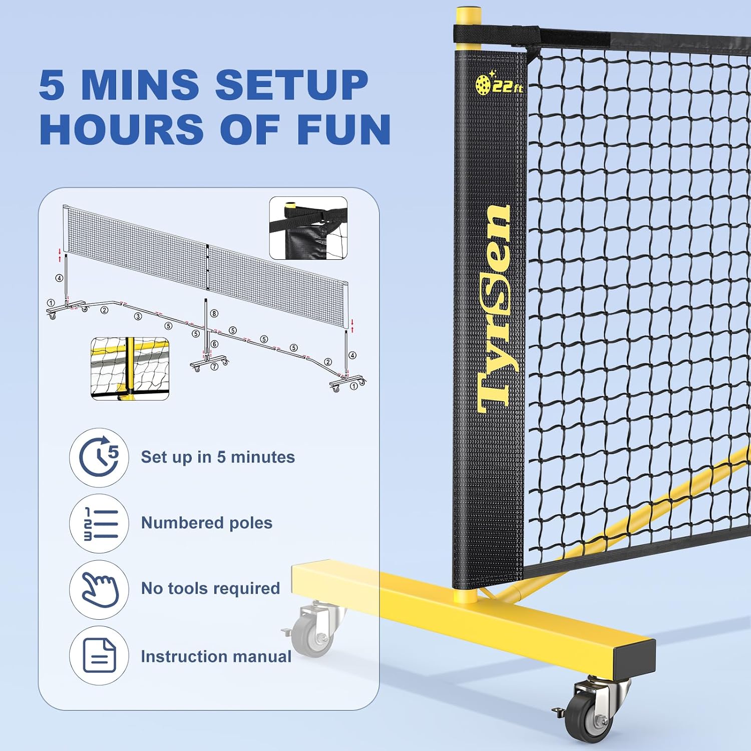 Pickleball Net Set, Pickleball Net on Wheels for Driveway Backyard, 22FT Regular Size, 4 Pickleball Paddles & 6 Balls, 12 Court Markers, 1 Carry Bag, Pickleball Set for Indoor Outdoor Play - Image 8