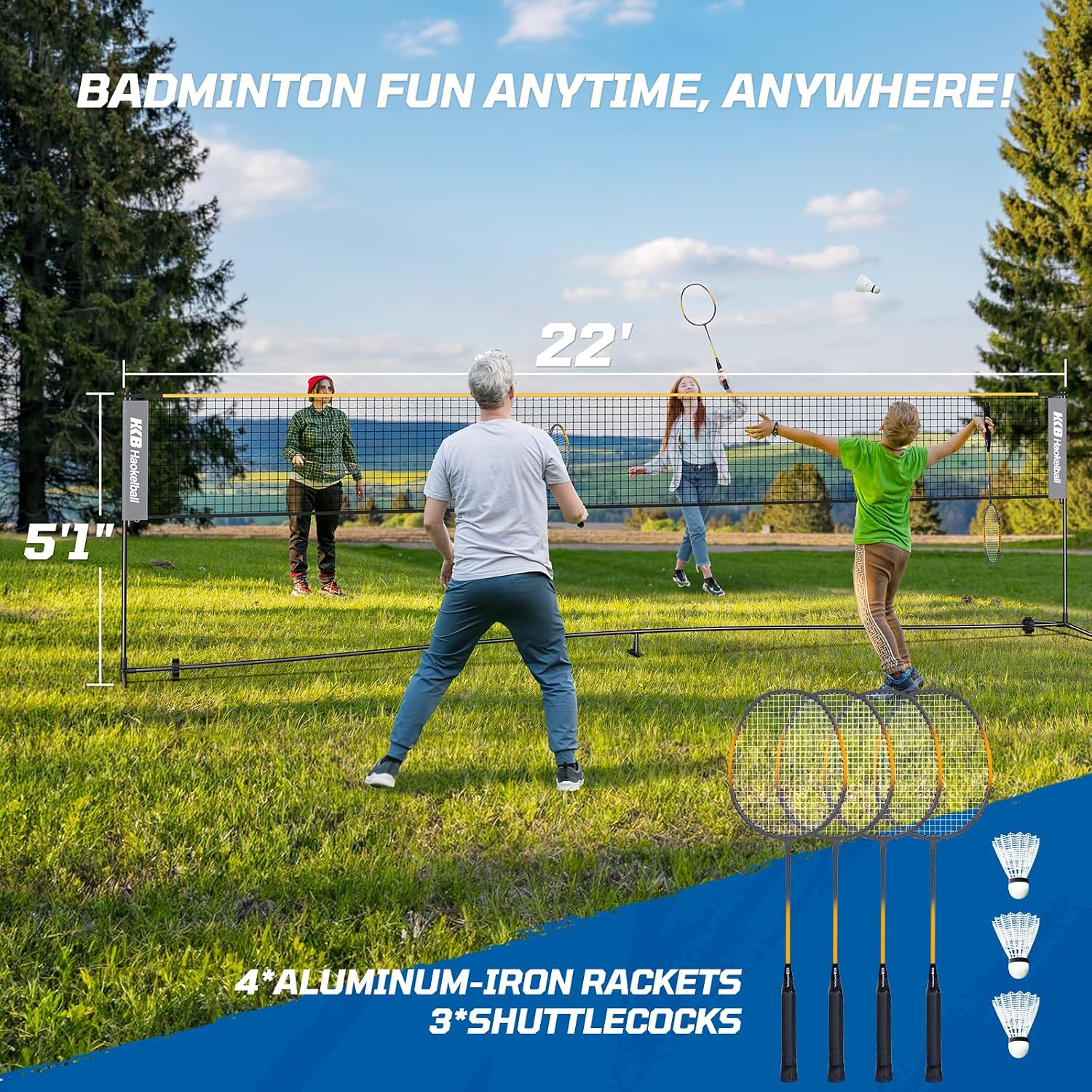 Haokelball Badminton Volleyball Pickleball Net Set, 22FT Portable All-in-One Nets System for Outdoor Beach Indoor with Adjustable Height, Includes Balls Rackets Pump Carry Bag | Backyard, Beach, Lawn, Outdoor, Indoor, Portable, Net Set, Family Games, Includes Balls Shuttlecocks Rackets Pump Carry Bag - Image 4