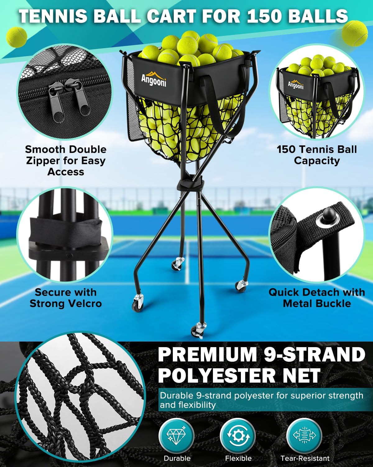Angooni Professional Tennis Cart with Silent PU Wheels - 2 Capacity Choices (150/240 Balls) - Sturdy, Lightweight & Portable Storage for Practice and Matches - Image 4
