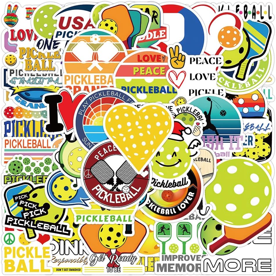 50PCS Pickleball Stickers - Waterproof Vinyl Pickleball Paddle Ball Decals for Water Bottles, Laptops, Skateboards, Travel Suitcase, Scrapbook Phone Cases Perfect for Pickleball Lovers, Players, Teens