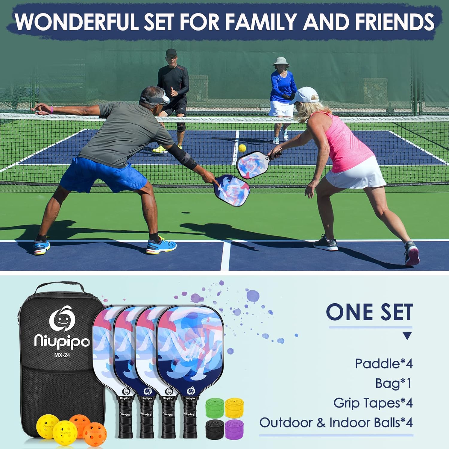 niupipo Pickleball Paddles Set of 2 or 4, USAPA Approved Fiberglass Pickleball Paddle Set with Balls and Bag, Polypropylene Honeycomb Core, Lightweight Pickleball Paddles for Beginners Men Women - Image 2