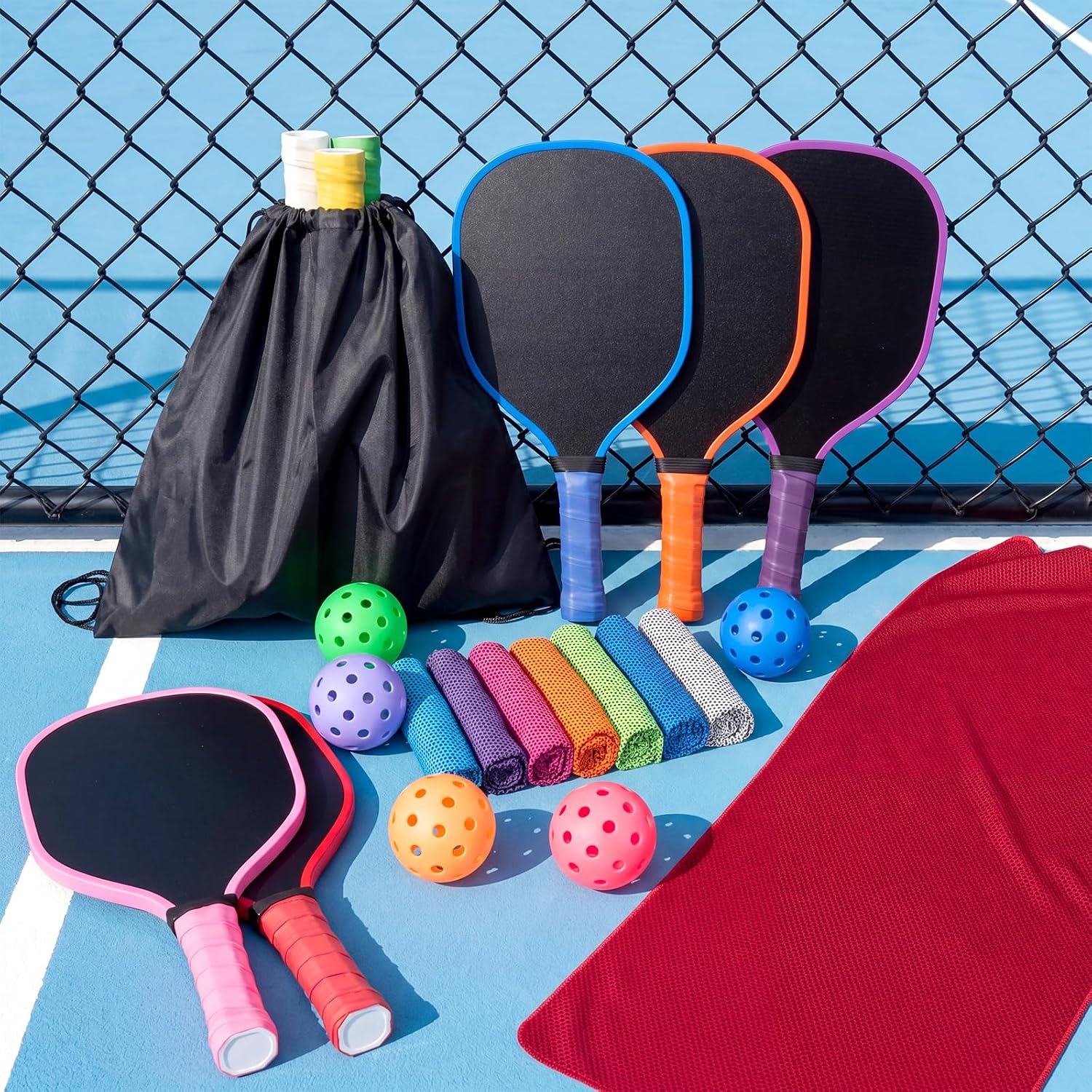 26 Pcs Colorful Wood Paddleball Racket Set Compatible with Pickleball Non-slip Grip Complete Wood Paddleball Racket with 8 Paddles, 8 Balls, 8 Towels & 2 Bags for PE Class, School, Family - Image 3