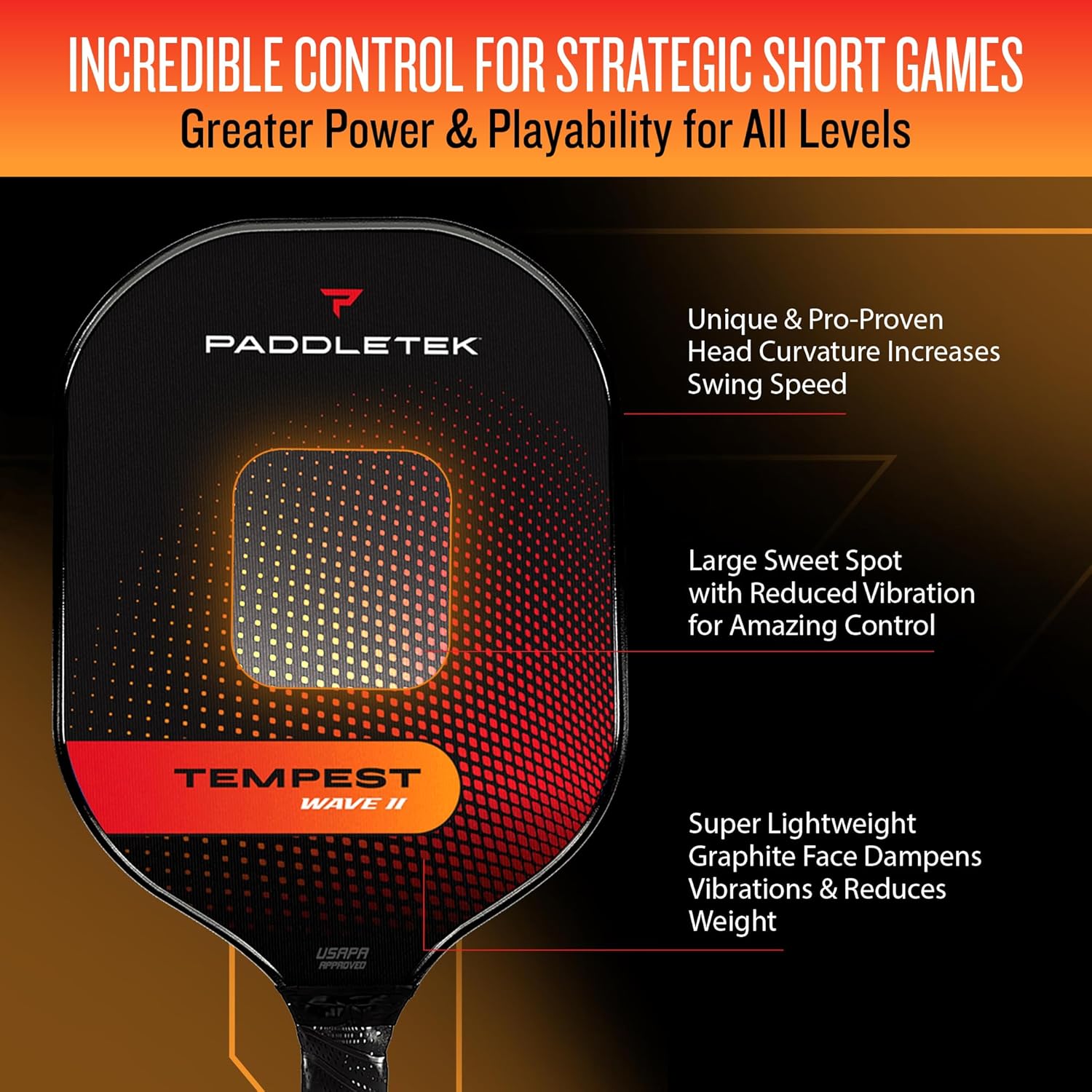 Paddletek Tempest Wave II Pickleball Paddle | Professional Pickleball Paddles with Honeycomb Core, Carbon Fiber Surface, Graphite PolyCore & High Tack Performance Grip | USAPA Approved - Image 2