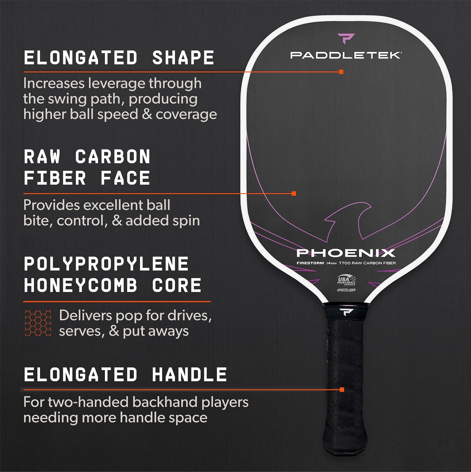 Paddletek Phoenix Firestorm – 14mm Pickleball Paddle – Elongated Shape for Extended Reach – Raw Carbon Fiber Face – Polypropylene Honeycomb Core – USAPA Approved Pickle Ball Paddle – 5.5 Inch Handle - Image 4