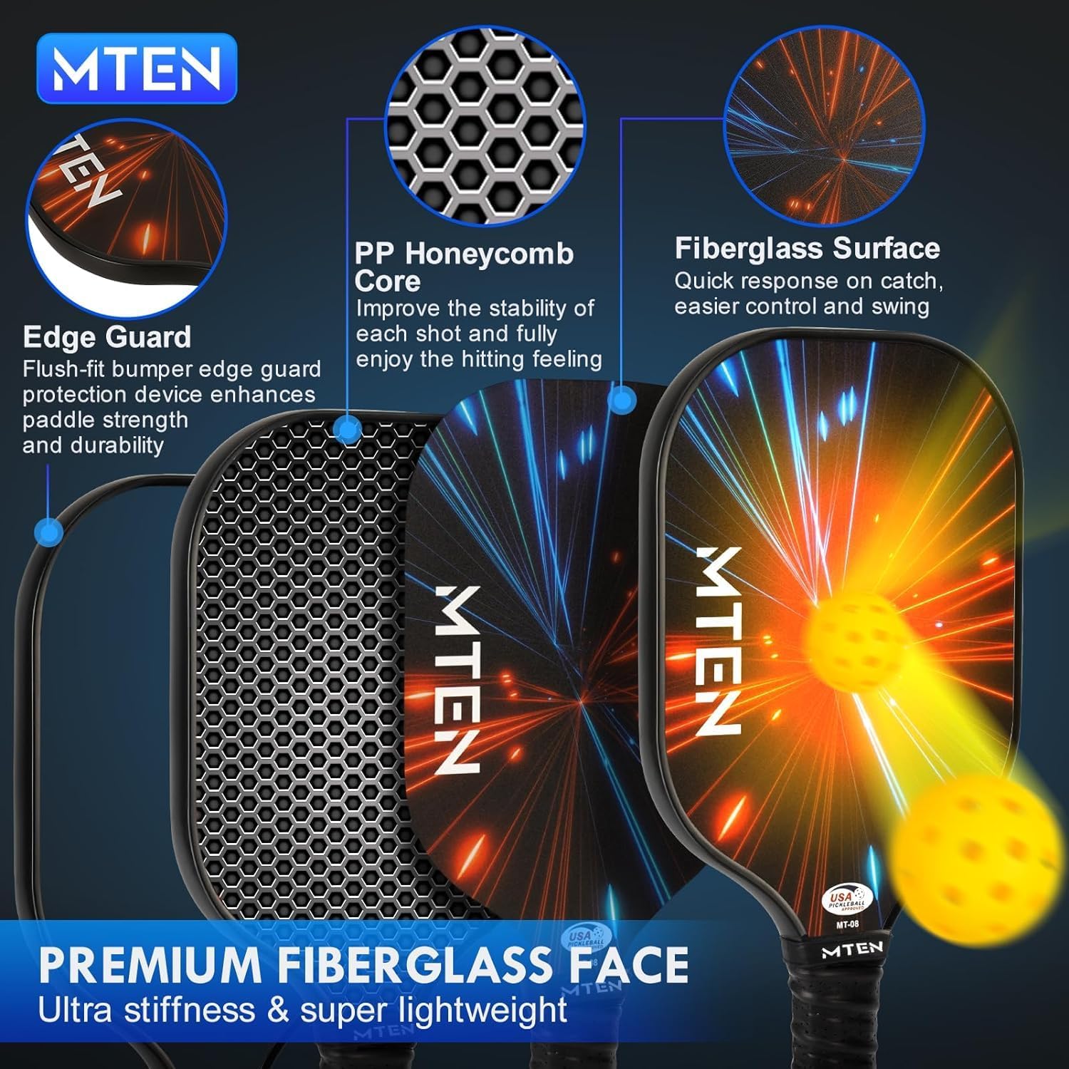 MTEN Pickleball Paddles, USAPA Approved Fiberglass Surface Rackets | Pickleball Set for Men, Women, Beginners & Intermediate Players - Image 7
