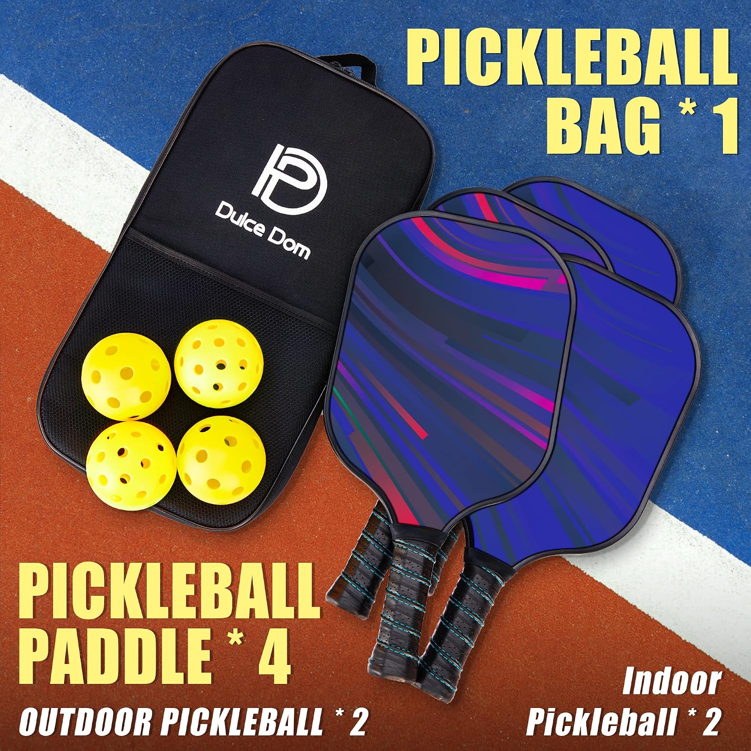Dulce DOM Pickleball Paddles Set of 2/4 - USAPA Approved, 4 Indoor Outdoor Pickleball Balls, Fiberglass Surface Paddle Racket with Cover Bag, Ideal Training Equipment Gift for Men & Women - Image 7