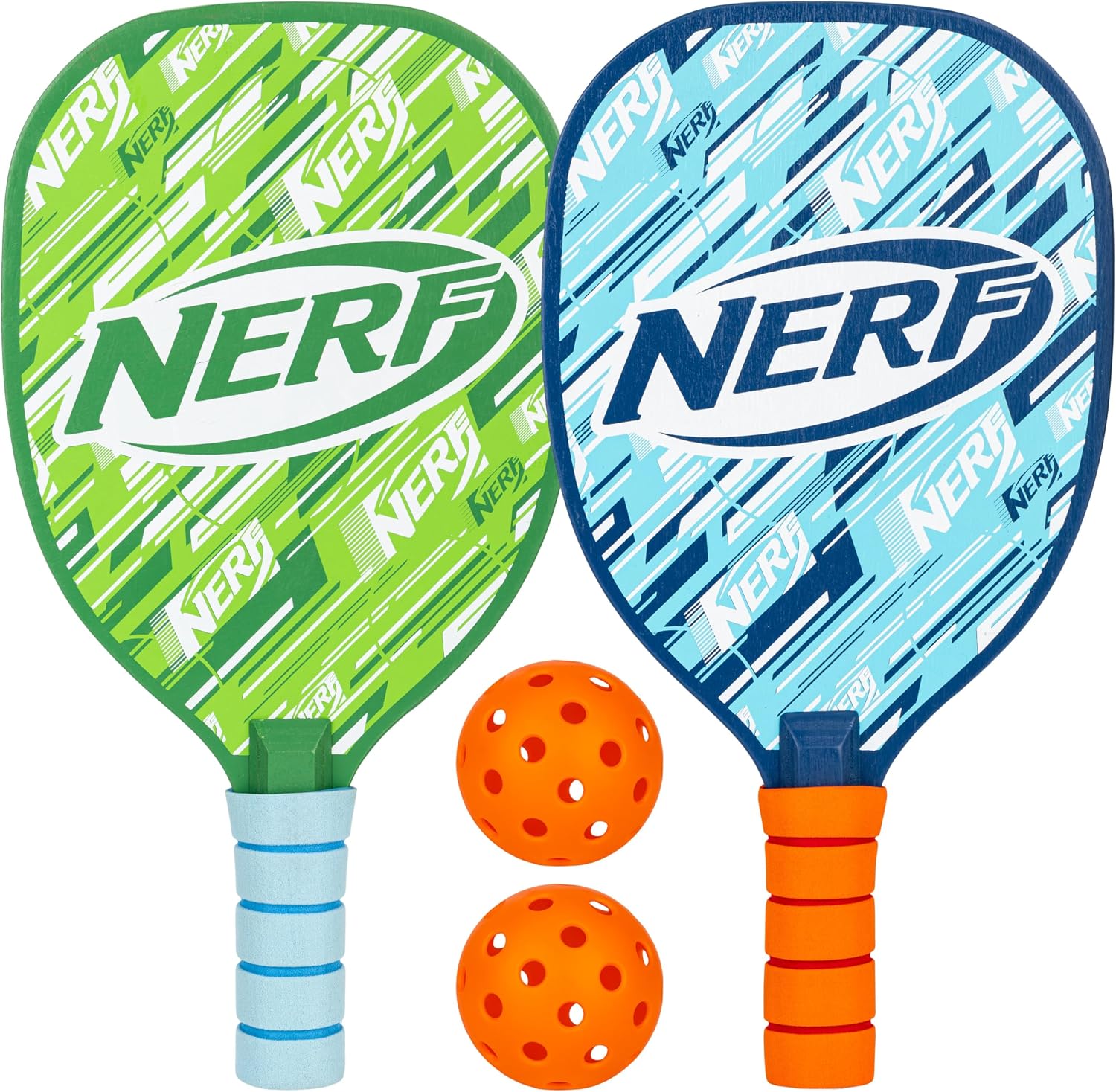 NERF 2 Player Pickleball Paddle Set - Youth Pickleball Equipment Set - (2) Wooden Paddles with Foam Grips + (2) Outdoor Balls for Kids - Carry Bag Included