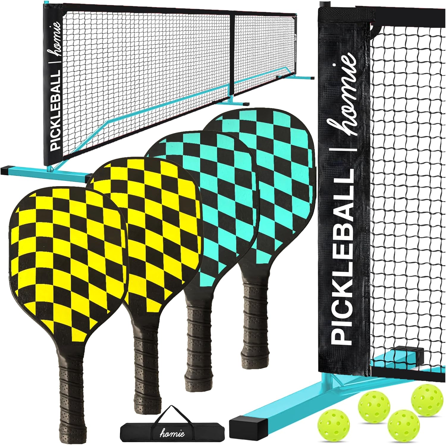 Homie Portable Pickleball Net Set with 4 Paddles, 4 Balls, Backpack Carrying Bag, 22 FT Regulation Size, Easy Setup for Outdoor Indoor, Weather Resistant Metal Frame