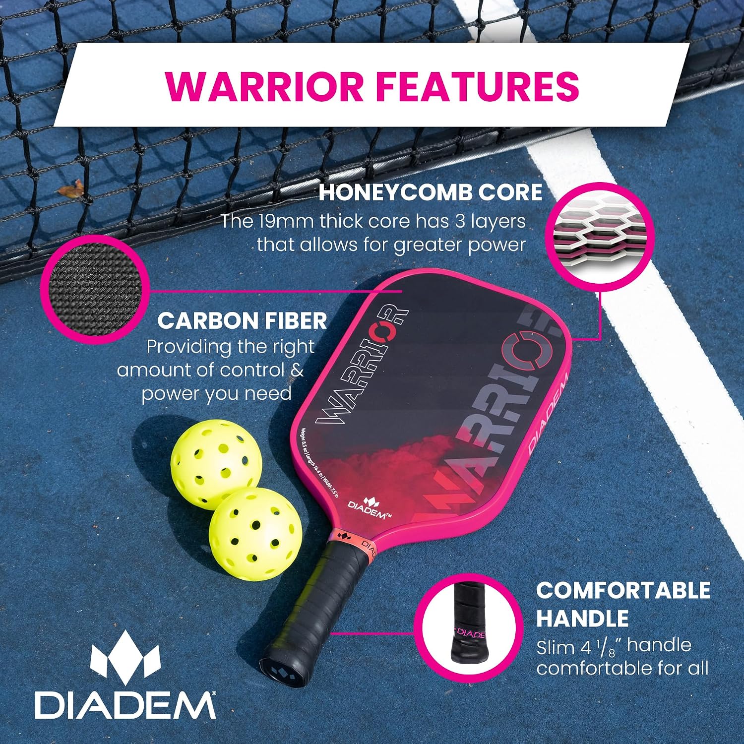 Diadem Warrior Pickleball Paddle | Carbon Fiber Face, 3X L-Core Hybrid Nomex Polymer Honeycomb Core, Grit Paint Surface for Spin, Control and Power | Indoor/Outdoor | USAPA Approved - Image 3